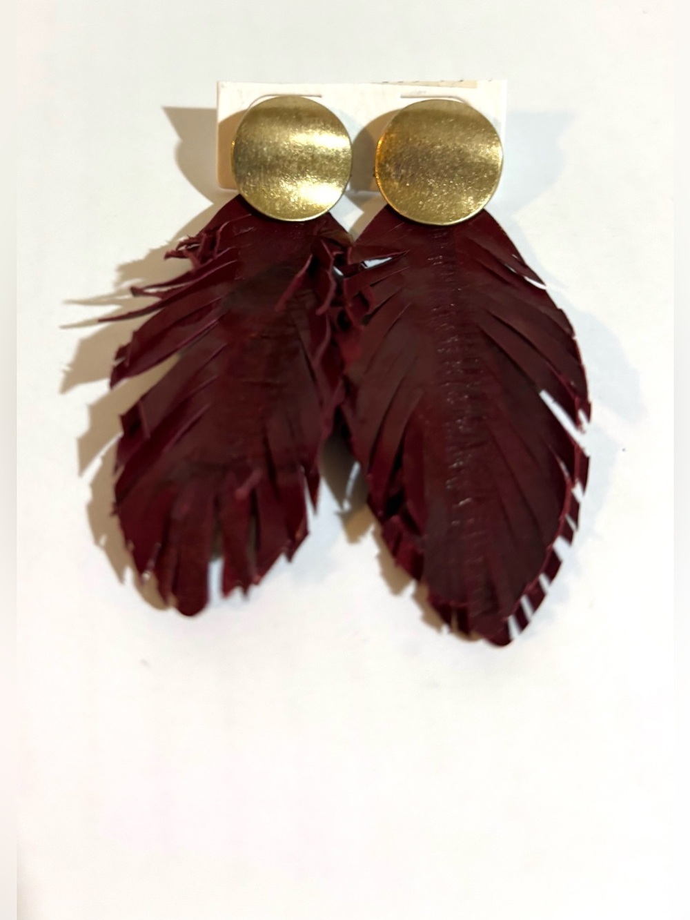 Gold Disc Burgundy Feather leather Drop Earrings - Women Jewelry